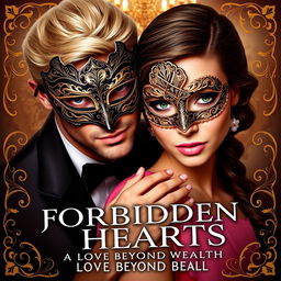 Create a realistic book cover titled 'Forbidden Hearts: A Love Beyond Wealth'