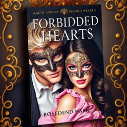 Create a realistic book cover titled 'Forbidden Hearts: A Love Beyond Wealth'