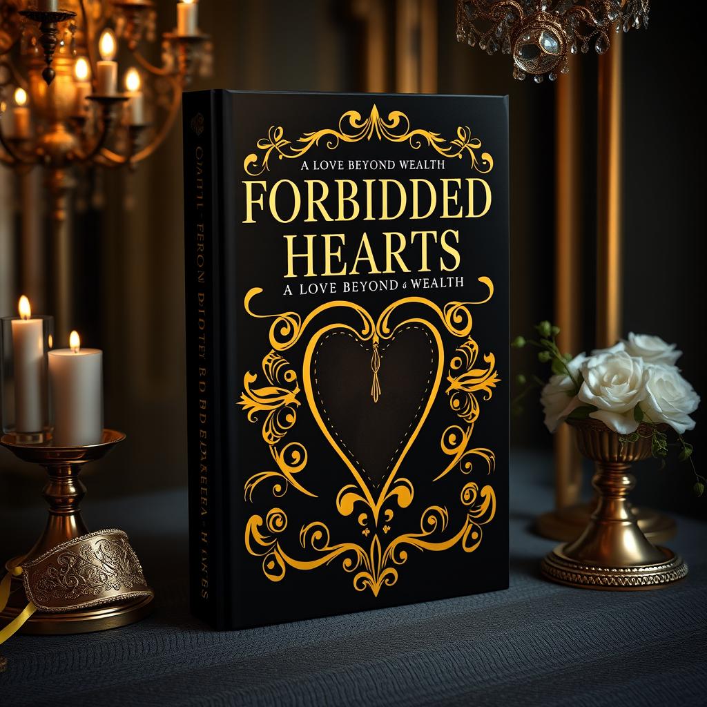 Create a book cover titled 'Forbidden Hearts: A Love Beyond Wealth' with a masquerade ball theme