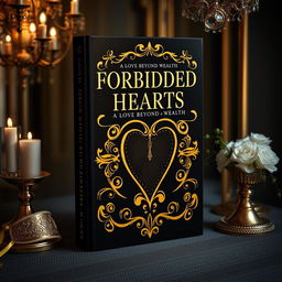 Create a book cover titled 'Forbidden Hearts: A Love Beyond Wealth' with a masquerade ball theme