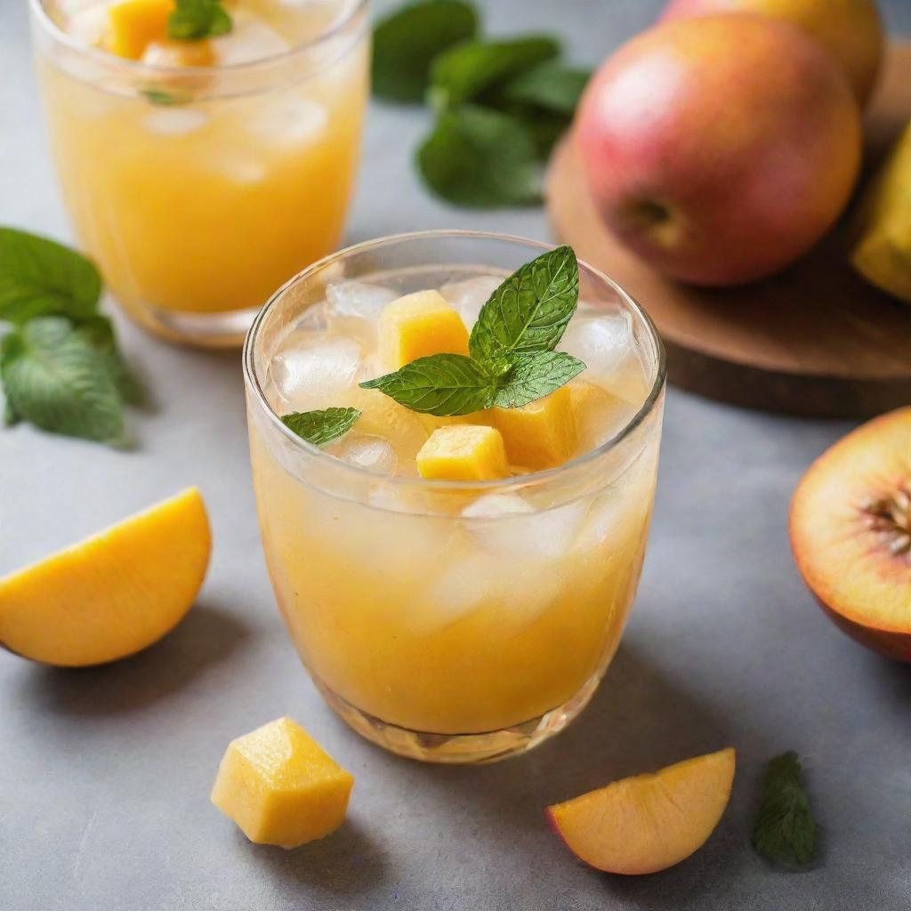 A glass cup filled with ice cubes and small diced mango pieces, in a refreshing mango lemonade, garnished with a touch of mint.