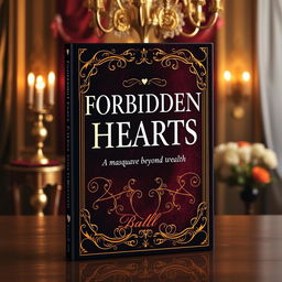 Create a book cover titled 'Forbidden Hearts: A Love Beyond Wealth' with a masquerade ball theme