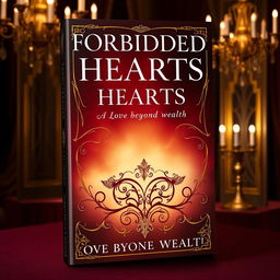 Create a book cover titled 'Forbidden Hearts: A Love Beyond Wealth' with a masquerade ball theme