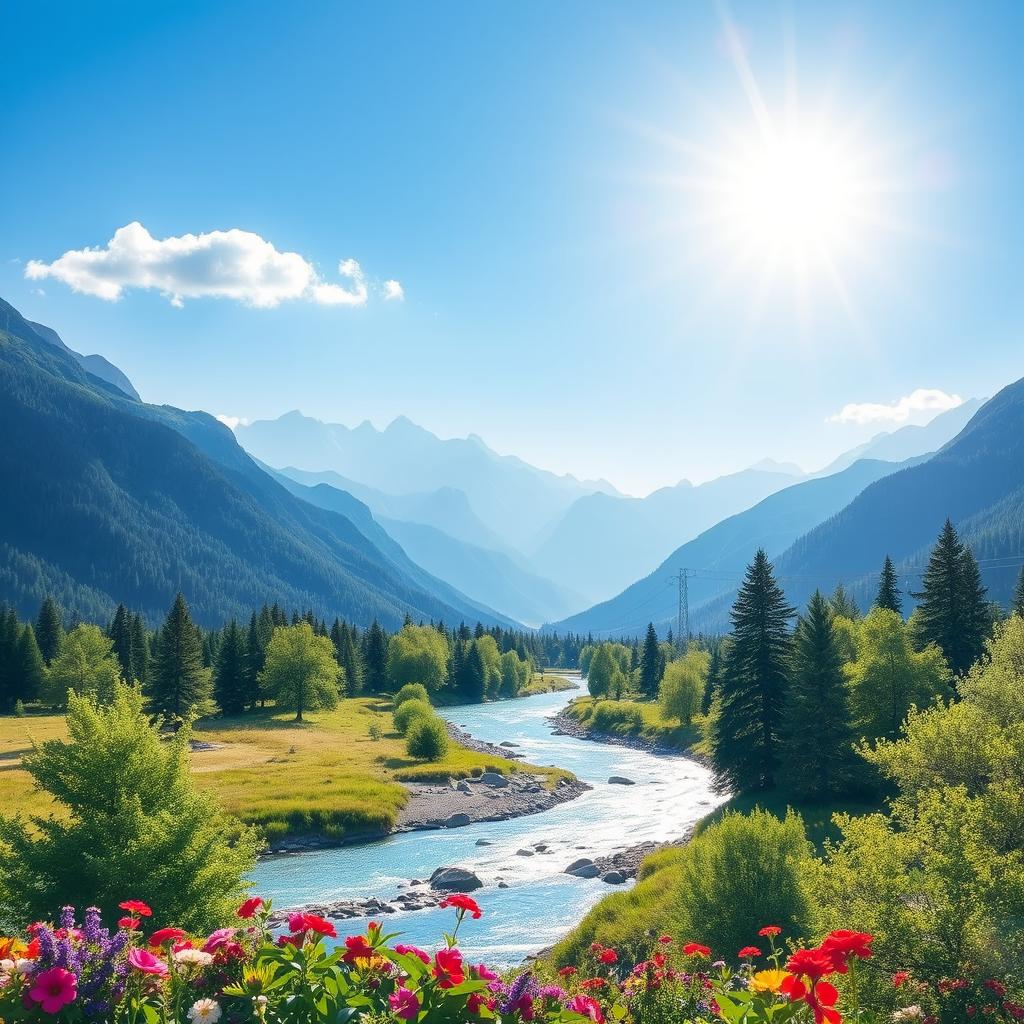 A beautiful landscape scene with mountains, a river, and a clear blue sky