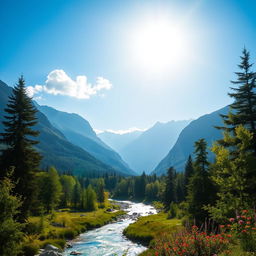 A beautiful landscape scene with mountains, a river, and a clear blue sky