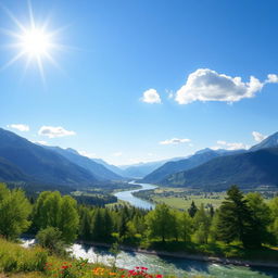 A beautiful landscape scene with mountains, a river, and a clear blue sky