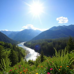 A beautiful landscape scene with mountains, a river, and a clear blue sky