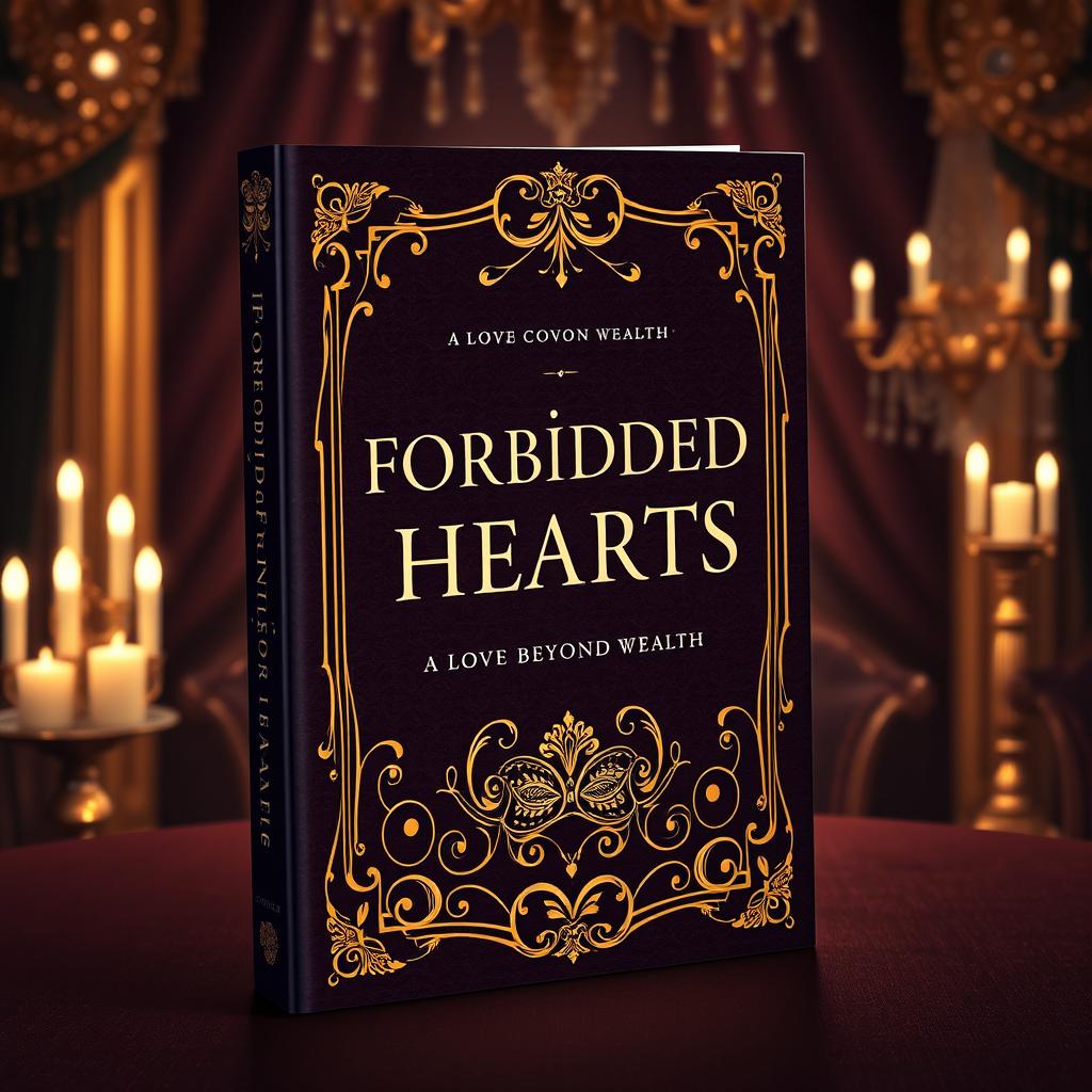 Create a book cover titled 'Forbidden Hearts: A Love Beyond Wealth' with a masquerade ball theme