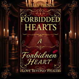 Create a book cover titled 'Forbidden Hearts: A Love Beyond Wealth' with a masquerade ball theme