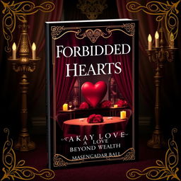 Create a book cover titled 'Forbidden Hearts: A Love Beyond Wealth' with a masquerade ball theme