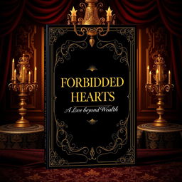 Create a book cover titled 'Forbidden Hearts: A Love Beyond Wealth' with a masquerade ball theme