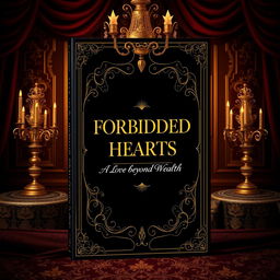 Create a book cover titled 'Forbidden Hearts: A Love Beyond Wealth' with a masquerade ball theme