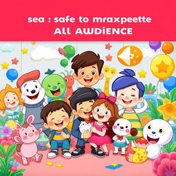 A cheerful and colorful scene featuring a variety of characters and elements that are safe and appropriate for all audiences