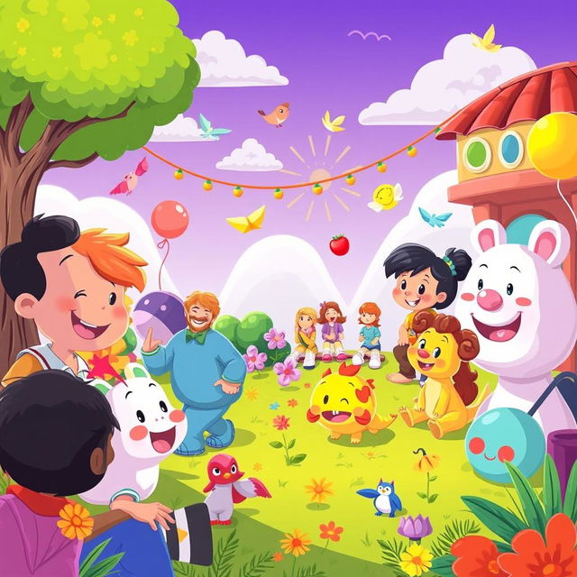 A cheerful and colorful scene featuring a variety of characters and elements that are safe and appropriate for all audiences