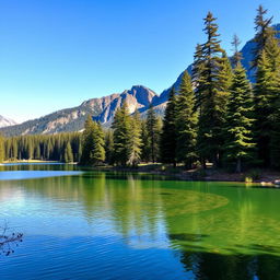 A beautiful landscape featuring a serene lake surrounded by tall pine trees, with mountains in the background and a clear blue sky