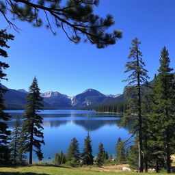 A beautiful landscape featuring a serene lake surrounded by tall pine trees, with mountains in the background and a clear blue sky