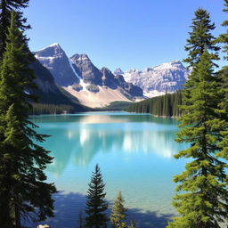 A beautiful landscape featuring a serene lake surrounded by tall pine trees, with mountains in the background and a clear blue sky