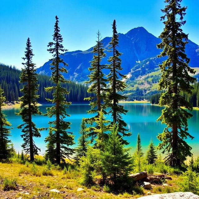 A beautiful landscape featuring a serene lake surrounded by tall pine trees, with mountains in the background and a clear blue sky