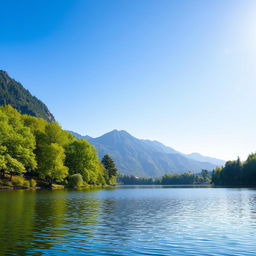 A serene landscape featuring a calm lake surrounded by lush green trees and mountains in the background, with a clear blue sky and soft sunlight illuminating the scene