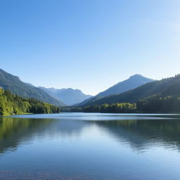 A serene landscape featuring a calm lake surrounded by lush green trees and mountains in the background, with a clear blue sky and soft sunlight illuminating the scene