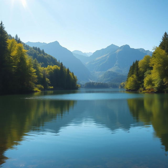 A serene landscape featuring a calm lake surrounded by lush green trees and mountains in the background, with a clear blue sky and soft sunlight illuminating the scene