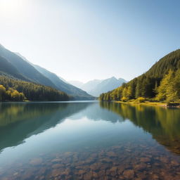 A serene landscape featuring a calm lake surrounded by lush green trees and mountains in the background, with a clear blue sky and soft sunlight illuminating the scene