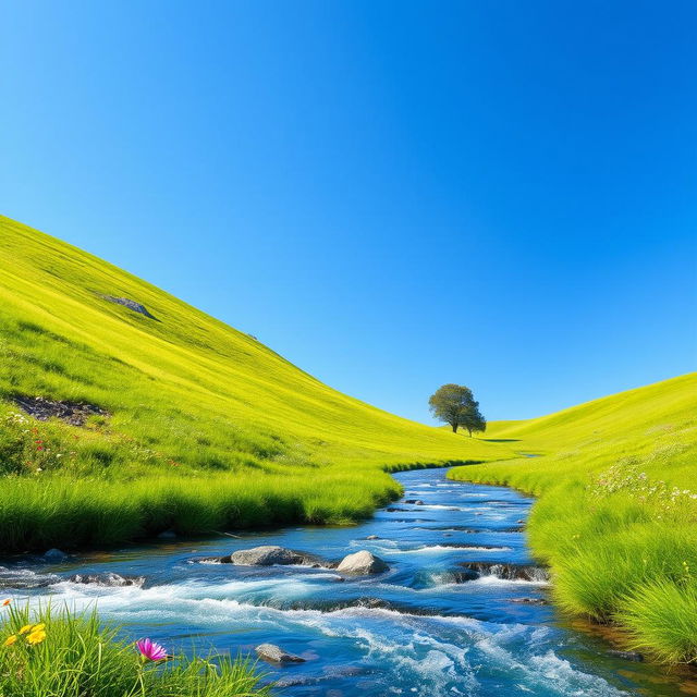 A serene landscape featuring a clear blue sky, a lush green meadow, and a sparkling river flowing through it