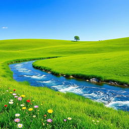 A serene landscape featuring a clear blue sky, a lush green meadow, and a sparkling river flowing through it