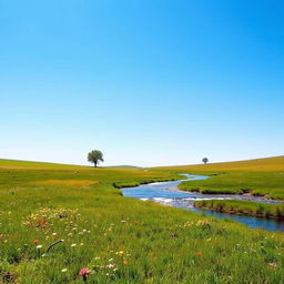 A serene landscape featuring a clear blue sky, a lush green meadow, and a sparkling river flowing through it