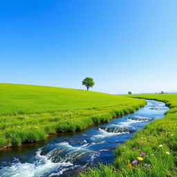 A serene landscape featuring a clear blue sky, a lush green meadow, and a sparkling river flowing through it