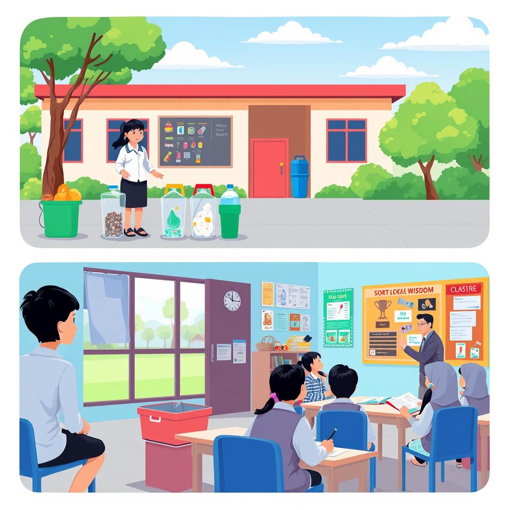 An illustration of an elementary school in Indonesia with two scenes