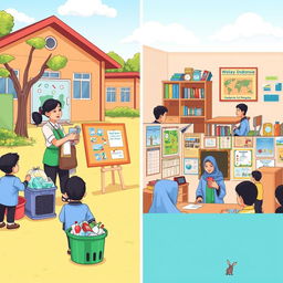 An illustration of an elementary school in Indonesia with two scenes