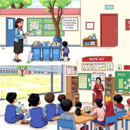 An illustration of an elementary school in Indonesia with two scenes