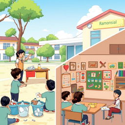 An illustration of an elementary school in Indonesia with two scenes