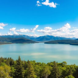 A beautiful landscape featuring a serene lake surrounded by lush green trees and mountains in the background, with a clear blue sky and fluffy white clouds