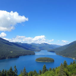 A beautiful landscape featuring a serene lake surrounded by lush green trees and mountains in the background, with a clear blue sky and fluffy white clouds