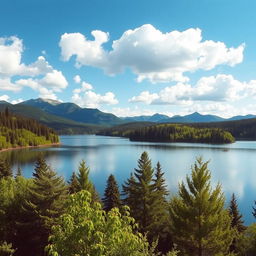 A beautiful landscape featuring a serene lake surrounded by lush green trees and mountains in the background, with a clear blue sky and fluffy white clouds