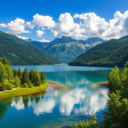 A beautiful landscape featuring a serene lake surrounded by lush green trees and mountains in the background, with a clear blue sky and fluffy white clouds