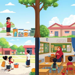 An illustration of an elementary school in Indonesia with two scenes