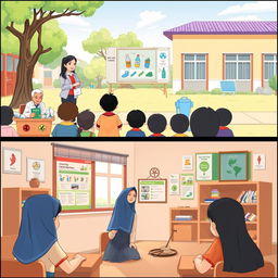 An illustration of an elementary school in Indonesia with two scenes