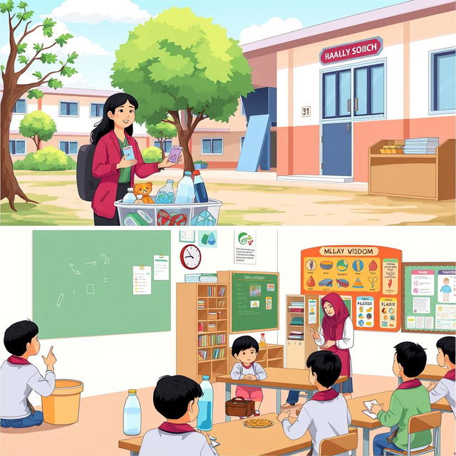 An illustration of an elementary school in Indonesia with two scenes