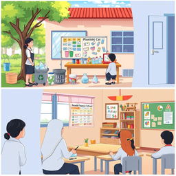 An illustration of an elementary school in Indonesia with two scenes