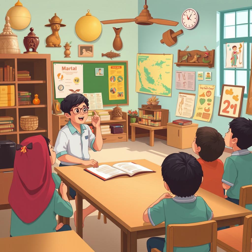 An illustration of an elementary school in Indonesia where a teacher is teaching students about traditional Indonesian local wisdom