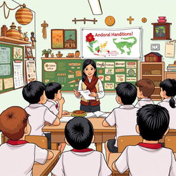 An illustration of an elementary school in Indonesia where a teacher is teaching students about traditional Indonesian local wisdom