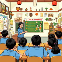 An illustration of an elementary school in Indonesia where a teacher is teaching students about traditional Indonesian local wisdom