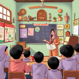 An illustration of an elementary school in Indonesia where a teacher is teaching students about traditional Indonesian local wisdom