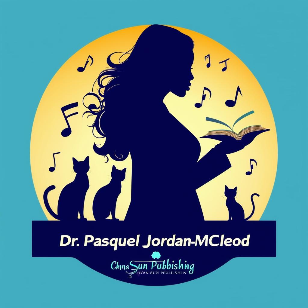 Elegant logo for book promotion featuring a lady silhouette in a suit, music notes, two cats, and a book