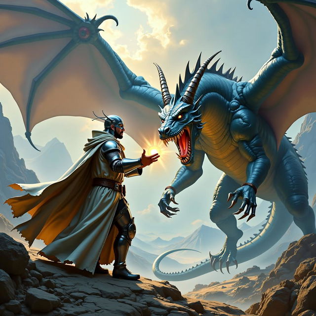 A silver paladin duels a fearsome dragon, casting a prayer protection spell in an epic Dungeons & Dragons style fantasy scene with dramatic landscapes and dynamic energy