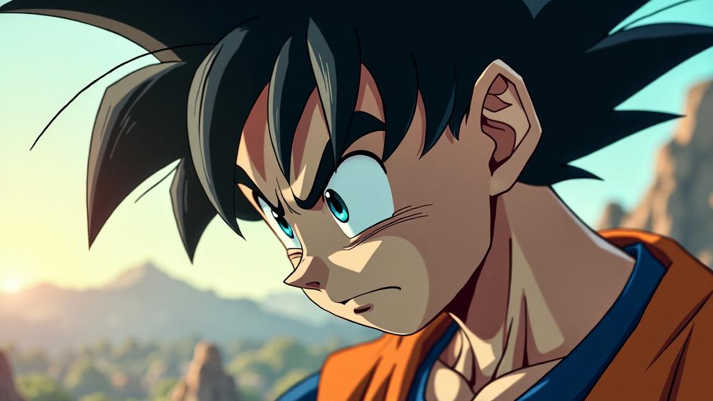 A highly realistic, cinematic portrait of a sad Goku, with pastel colors and a raw, unfiltered quality