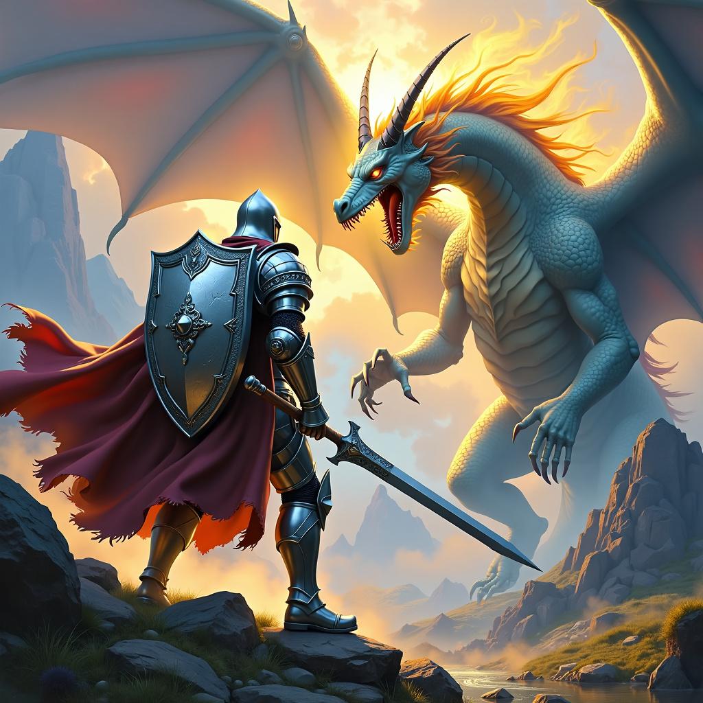 A silver paladin in full silver armor wields a massive zweihander and a magical shield of golden light, facing a fearsome dragon in an epic fantasy art style with dramatic landscapes and dynamic energy